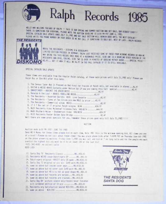 Ralph Records 1985 Spring & Summer Sale Catalog