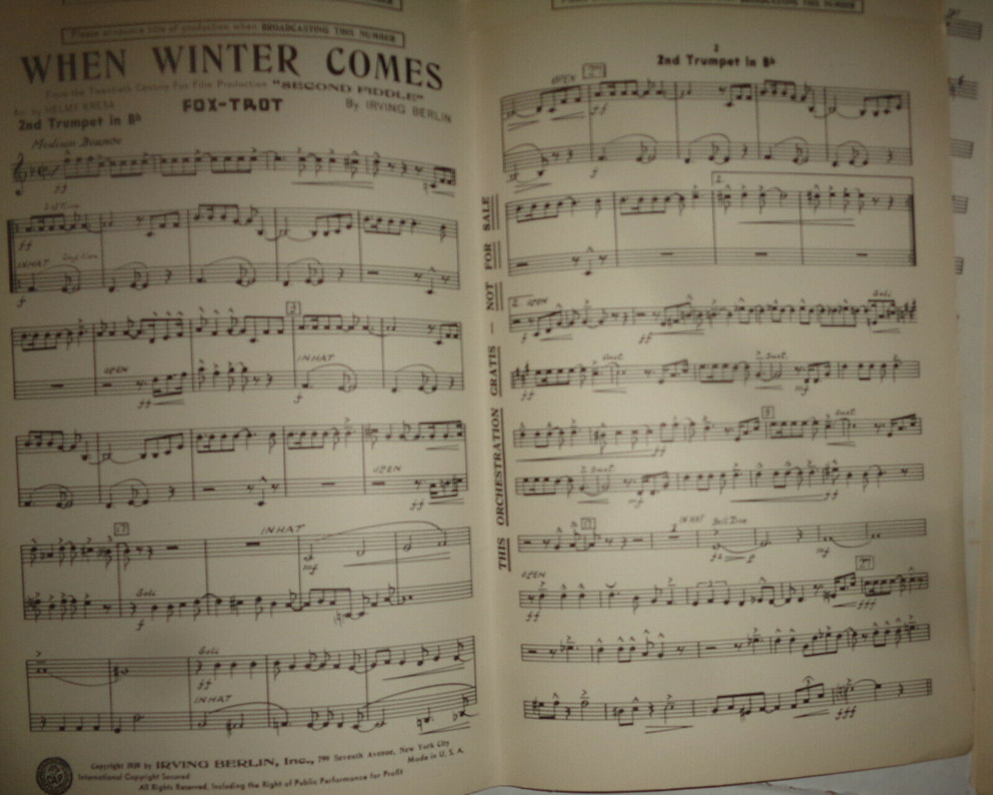 WHEN WINTER COMES - FOX TROT - SHEET MUSIC FOR ORCHESTRA - 1939