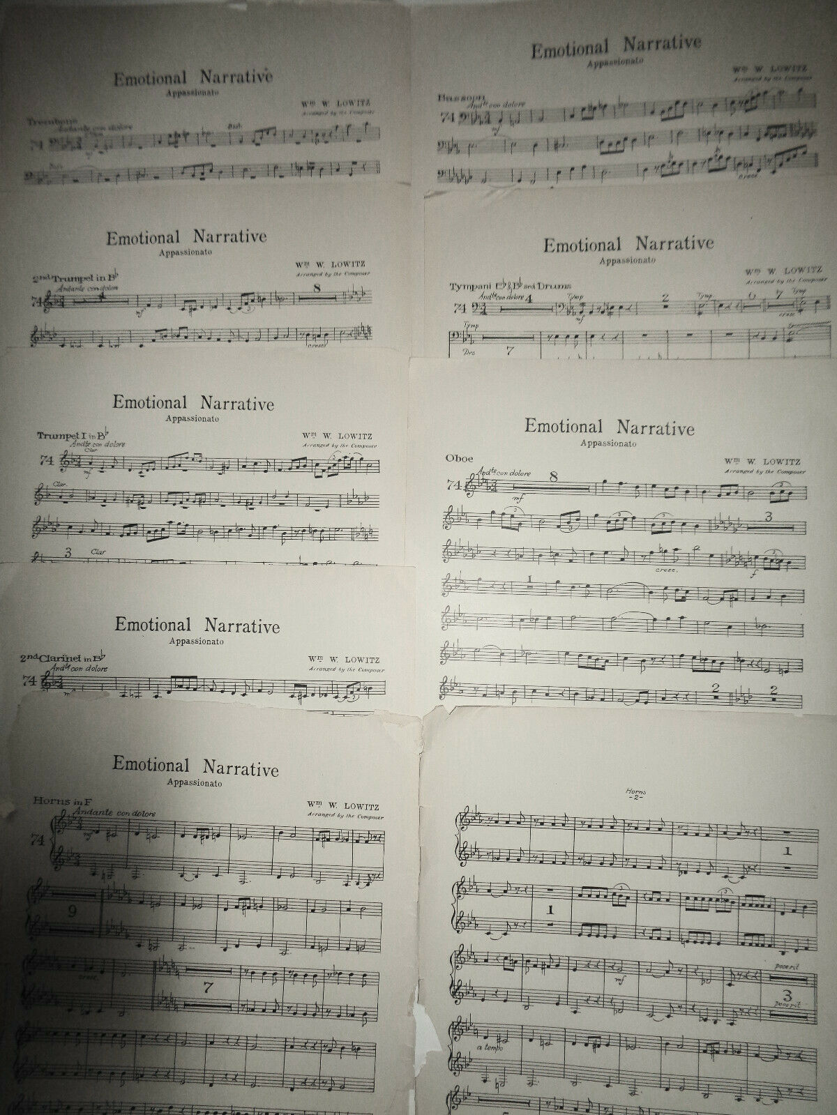 EMOTIONAL NARRATIVE - APPASSIONATO, BY Wm. W. LOWITZ -  1930 FOR ORCHESTRA