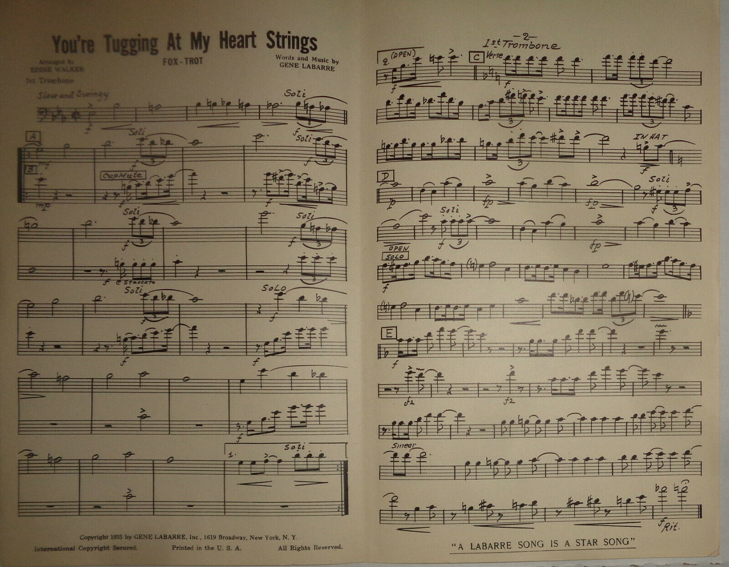 YOU'RE TUGGING AT MY HEART STRINGS - FOX TROT - SHEET MUSIC FOR ORCHESTRA - 1935