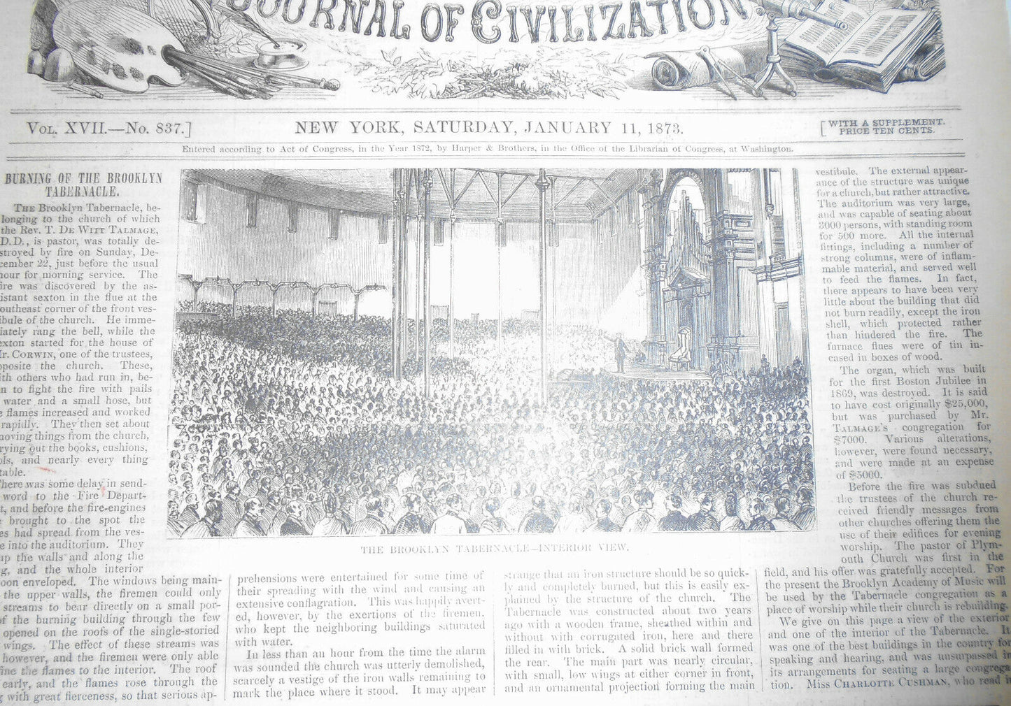 Burning Of The Brooklyn Tabernacle - Harper's Weekly Jan 11, 1873 - original