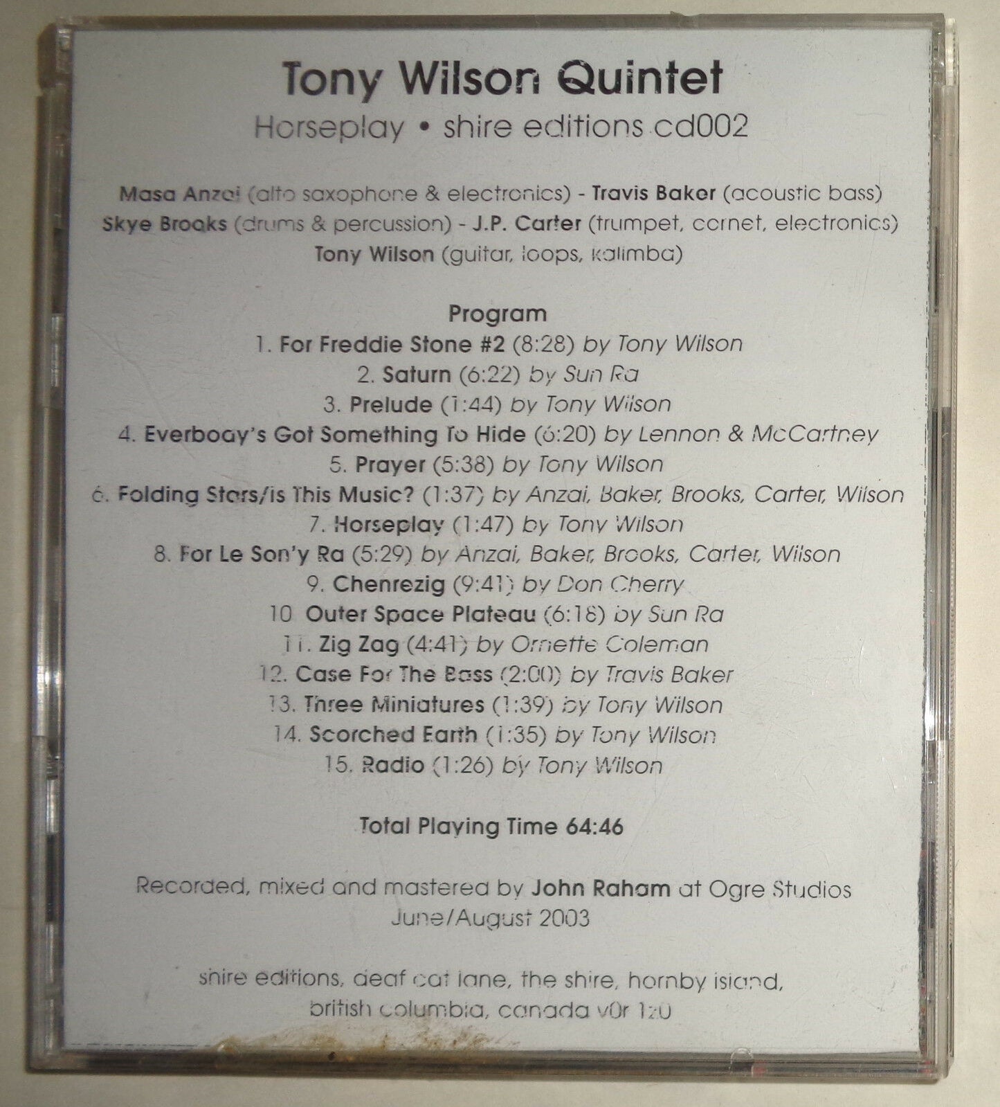 Tony Wilson Quintet - Horseplay - CD - Shire Editions CD002 - 2003