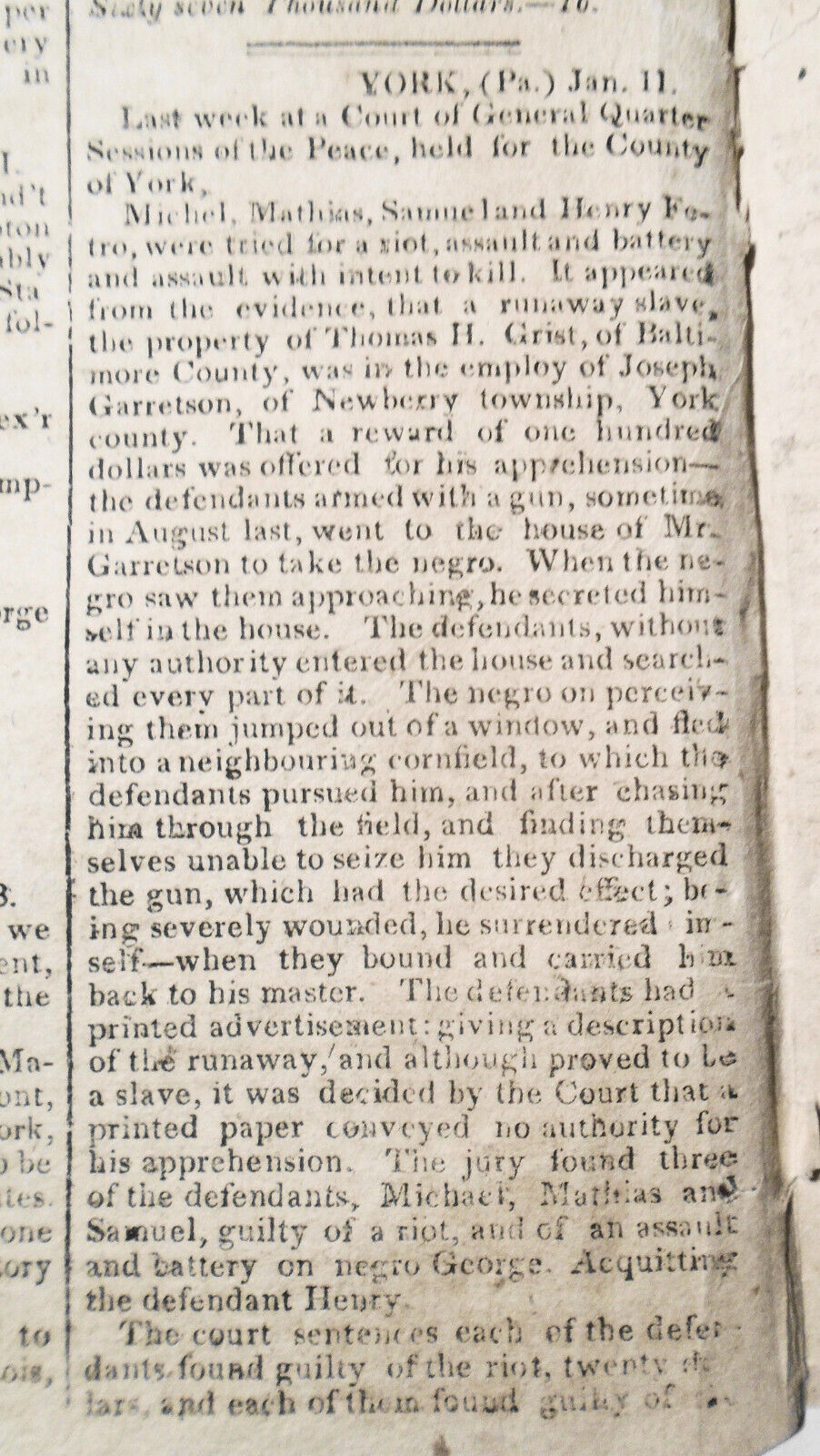 United States Gazette, January 18, 1825 - Guilty of intent to kill runaway slave