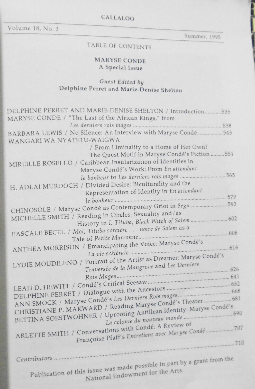 Callaloo : Ralph Ellison & Maryse Conde Special Issue - Spring and Summer 1995