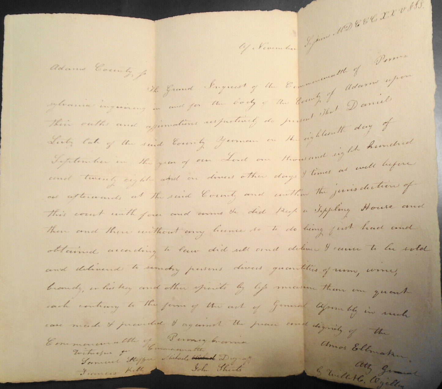 1828  Indictment of Daniel Luty for keeping a Tippling House - Adams County, PA