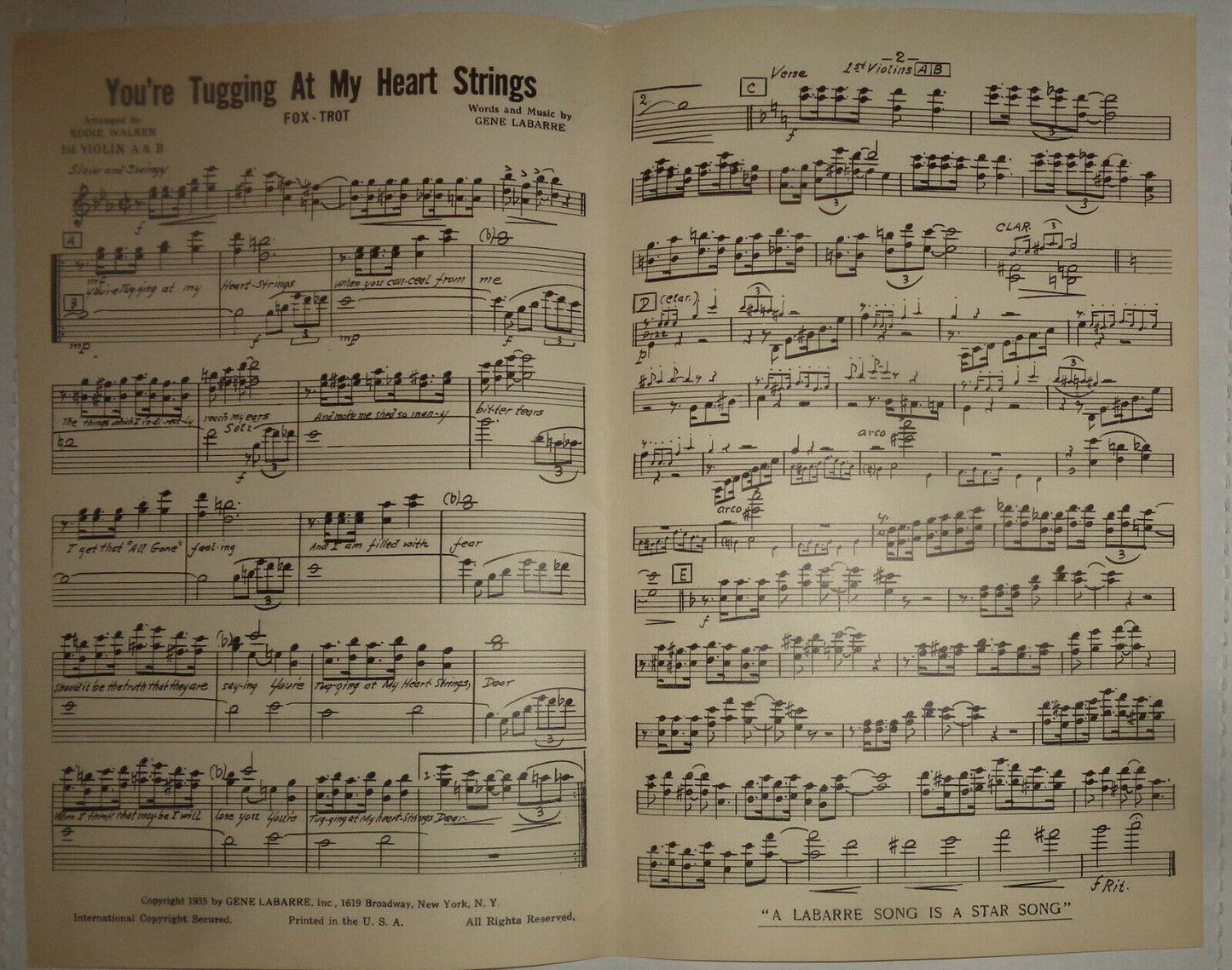 YOU'RE TUGGING AT MY HEART STRINGS - FOX TROT - SHEET MUSIC FOR ORCHESTRA - 1935