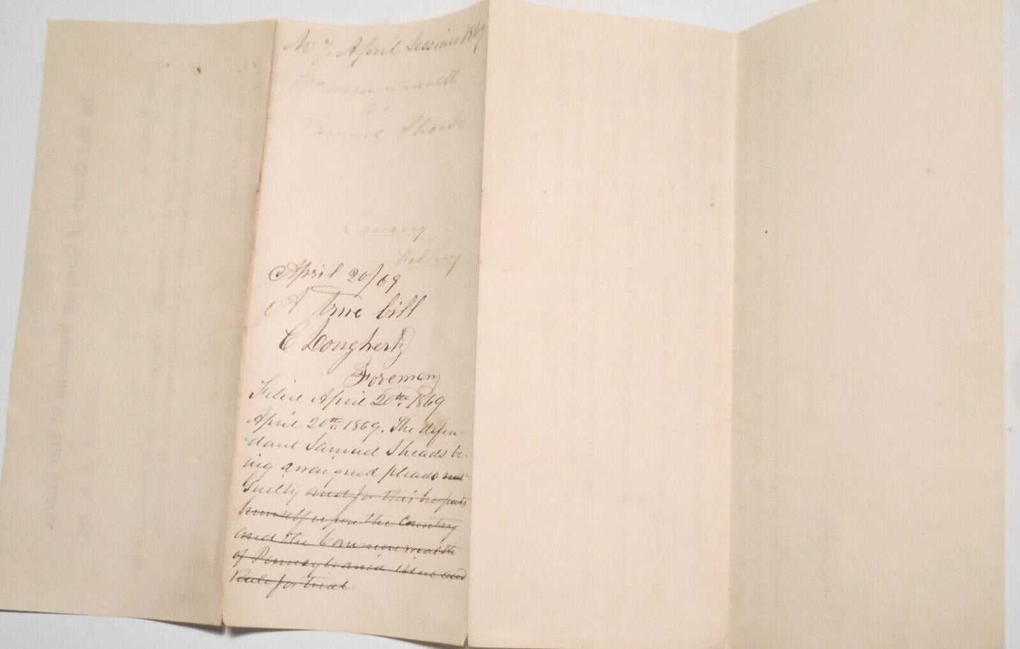 1867 Guilty Plea of Samuel Sheads for Stealing , Adams County PA Grand Inquest