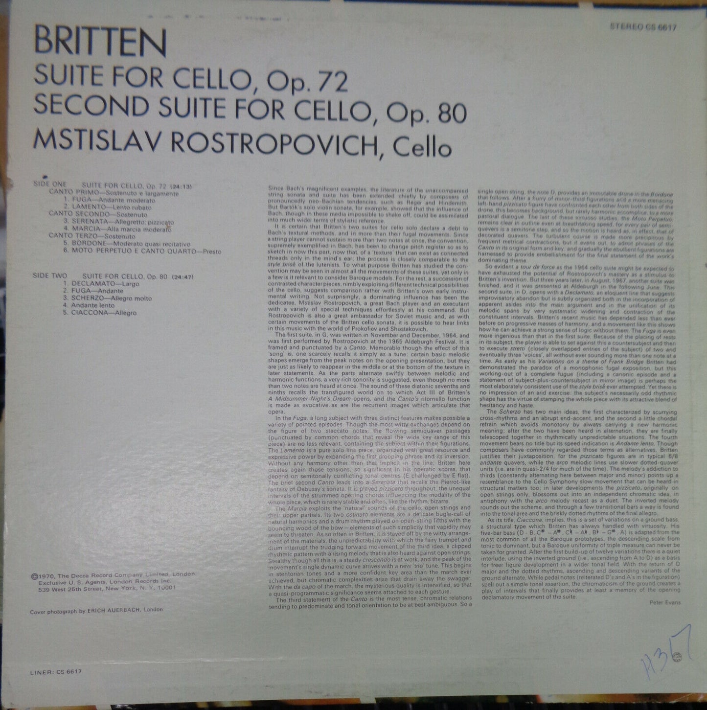 MSTISLAV ROSTROPOVICH - BRITTEN THE SUITES FOR CELLO lp - LONDON FFRR CS 6617