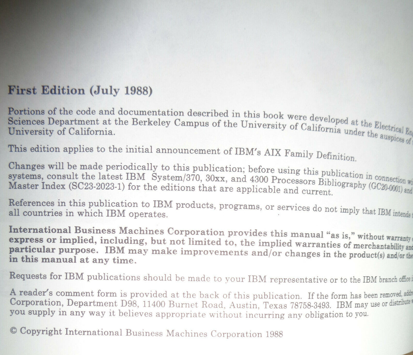 IBM AIX Family Definition Overview. First Edition, July 1988