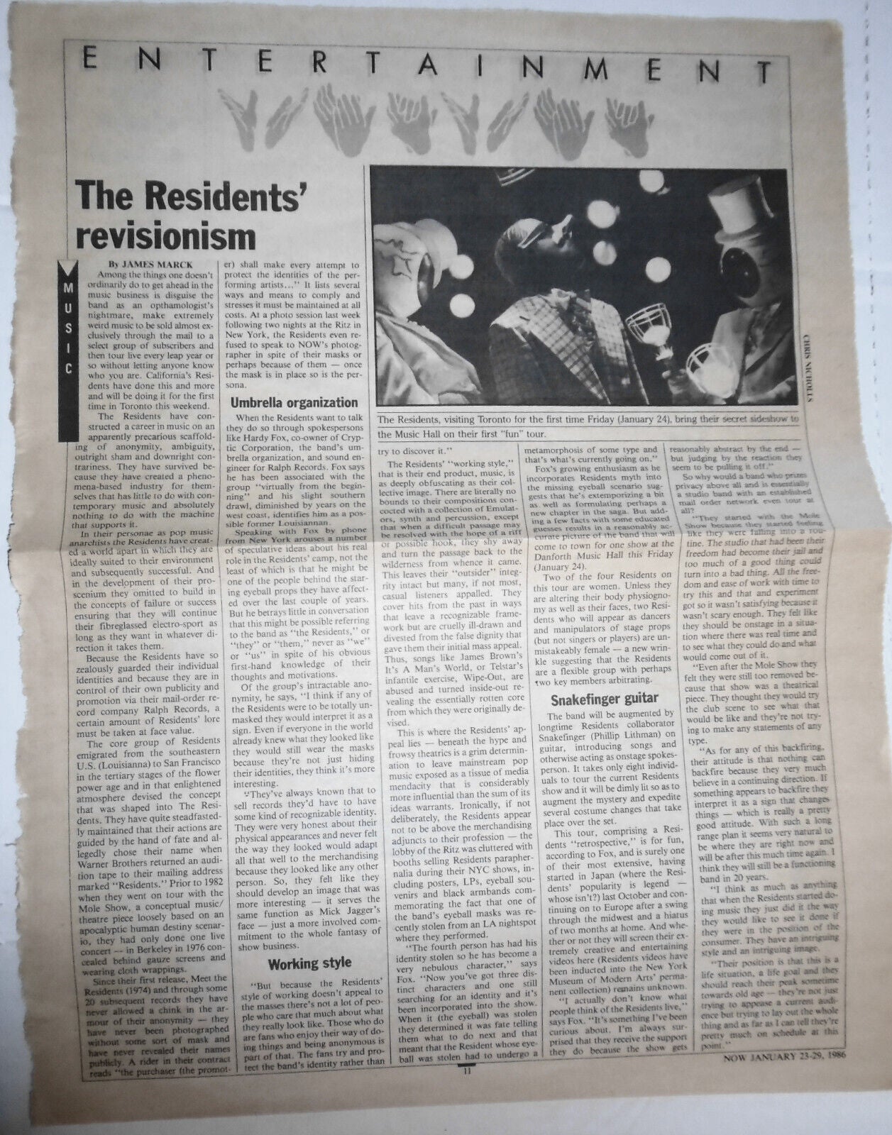 The Residents rewrite rock - 4 pages from NOW, Jan. 23-29 1986.Toronto newspaper