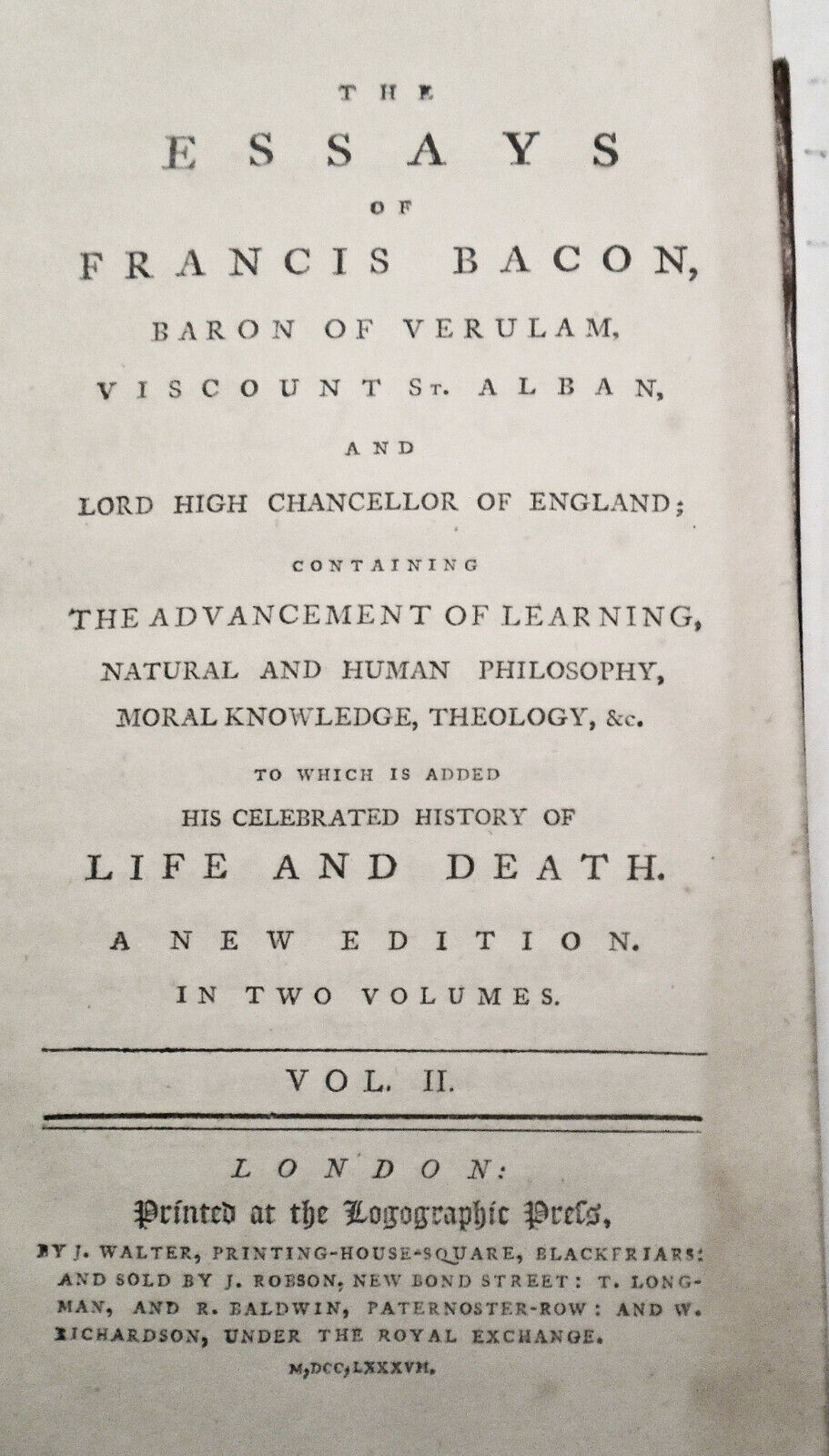 1787 The essays of Francis Bacon, In two volumes. Full leather. Very Good.