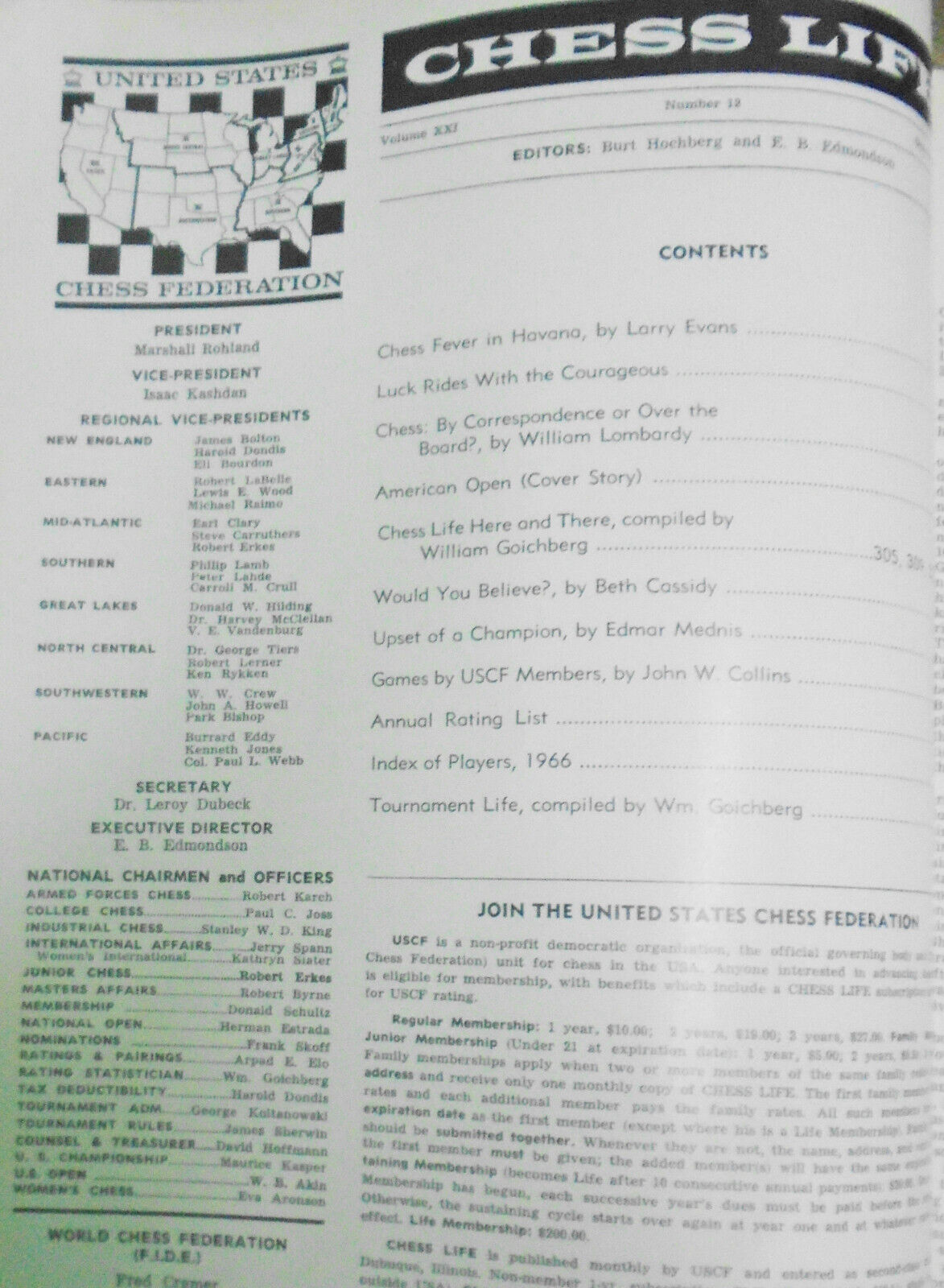 Chess Life, December 1966 -  Bobby Fischer with Fidel Castro - challenges Stein