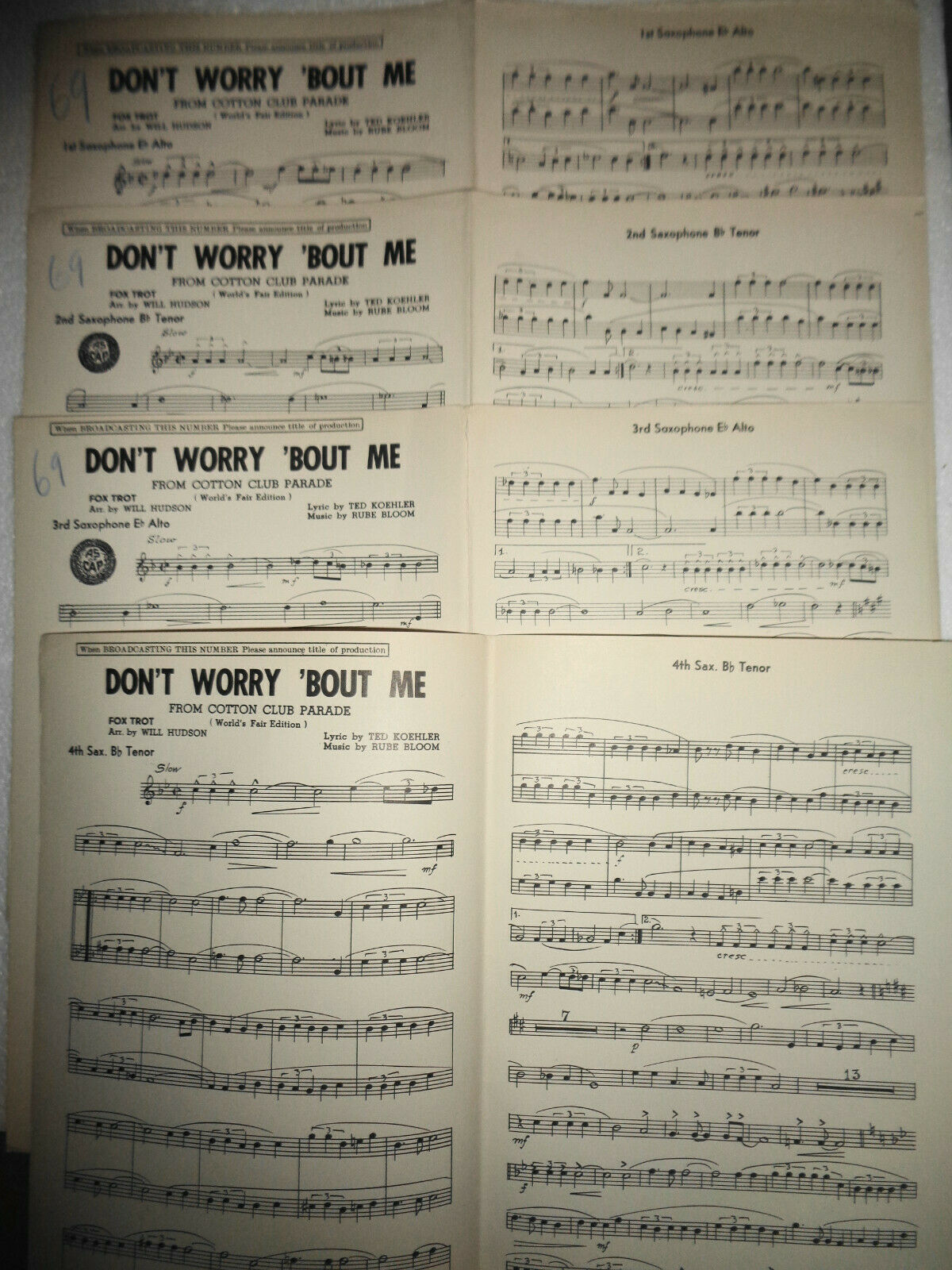 Don't worry 'bout me : from Cotton Club Parade- SHEET MUSIC FOR ORCHESTRA - 1939