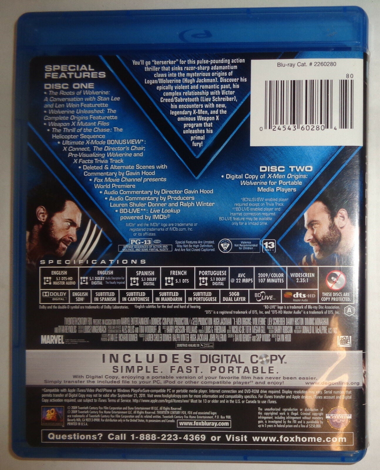 X-Men Origins: Wolverine (Blu-ray Disc, 2009, Includes Digital Copy)