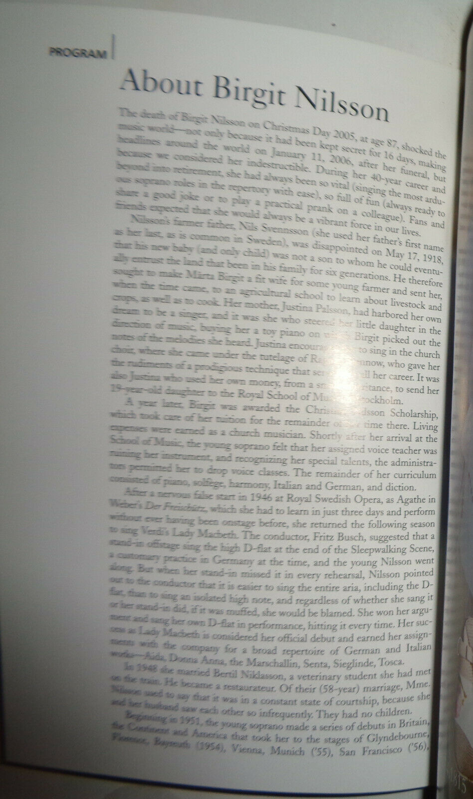 BIRGIT NILSSON: A FORCE OF NATURE - LINCOLN CENTER PLAYBILL - MAY 23, 2006