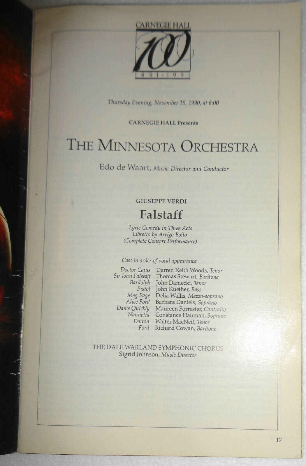 THE MINNESOTA ORCHESTRA - CARNEGIE HALL STAGEBILL - VERDI, FALSTAFF - NOV. 1990