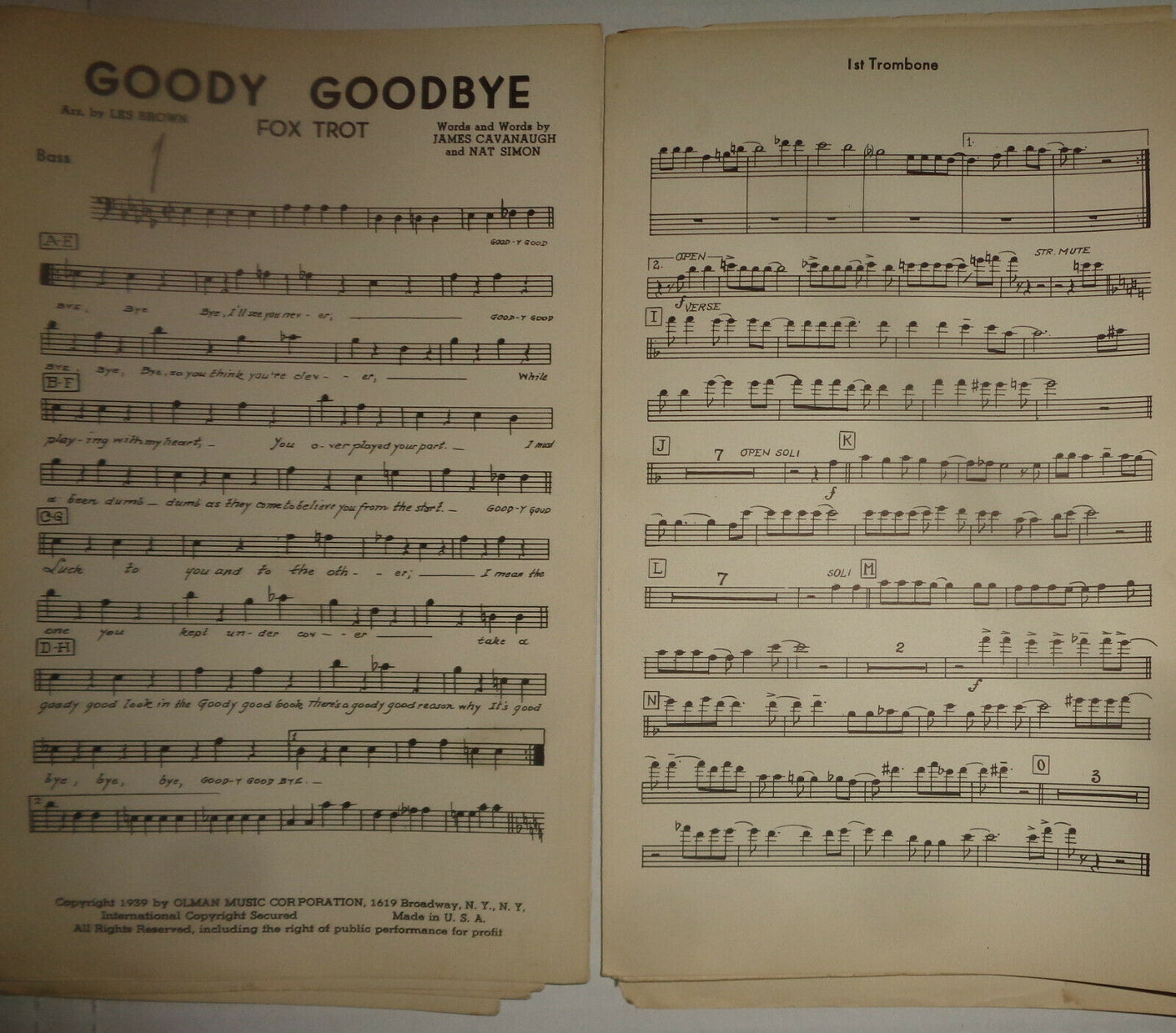 GOODY GOODBYE - fox trot - SHEET MUSIC FOR ORCHESTRA - 1939 - LES BROWN ARRANGED