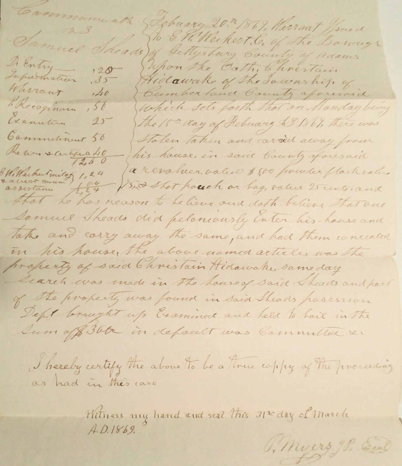 1869 Gettysburg Pennsylvania Warrant for Samuel Sheads for Larceny