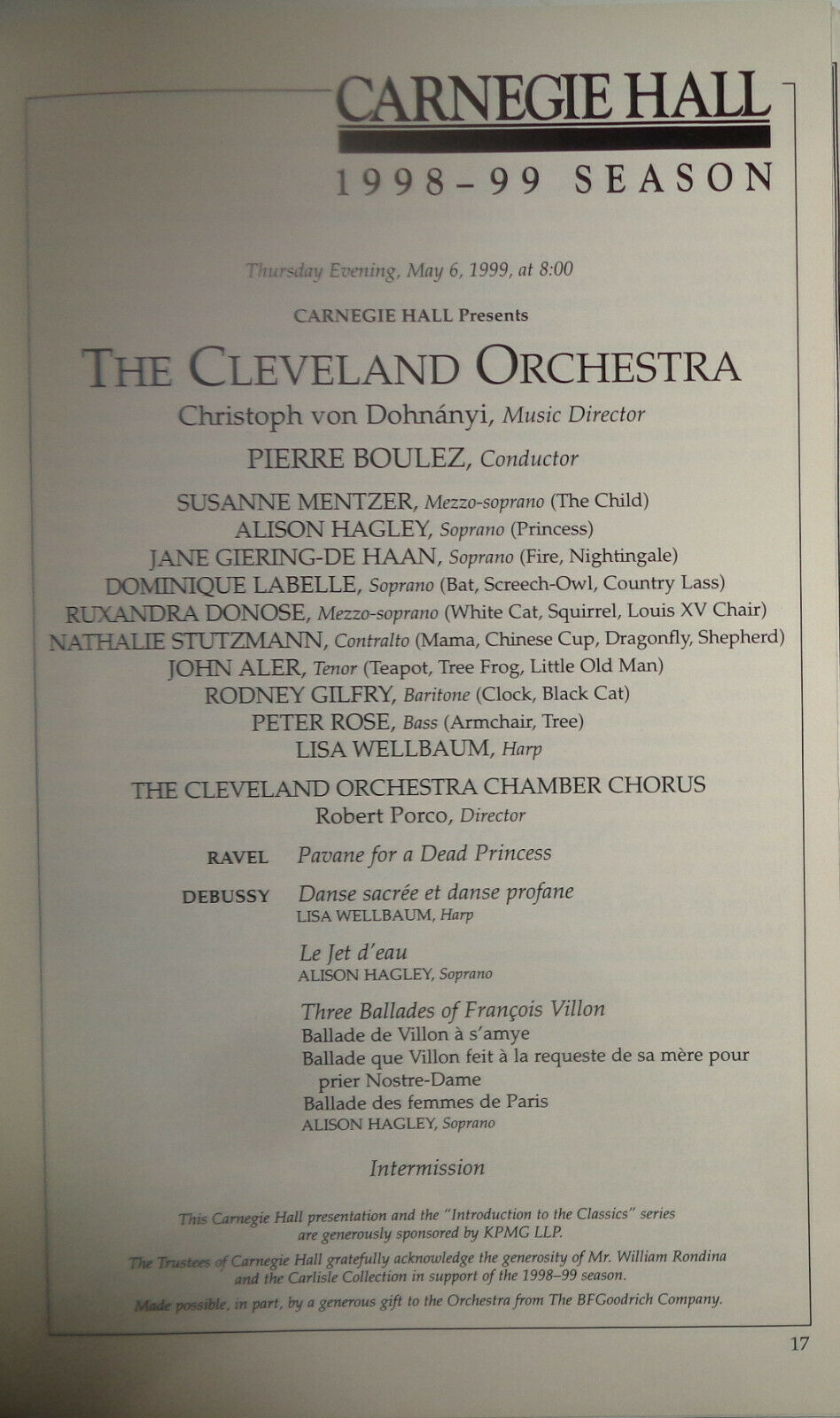 THE CLEVELAND ORCHESTRA - CARNEGIE HALL STAGEBILL - MAY 1999. Pierre Boulez