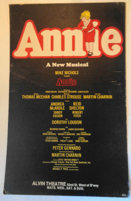 Annie ~ Broadway Musical Window Card Poster, Alvin Theatre. 1977. 22" x 14".