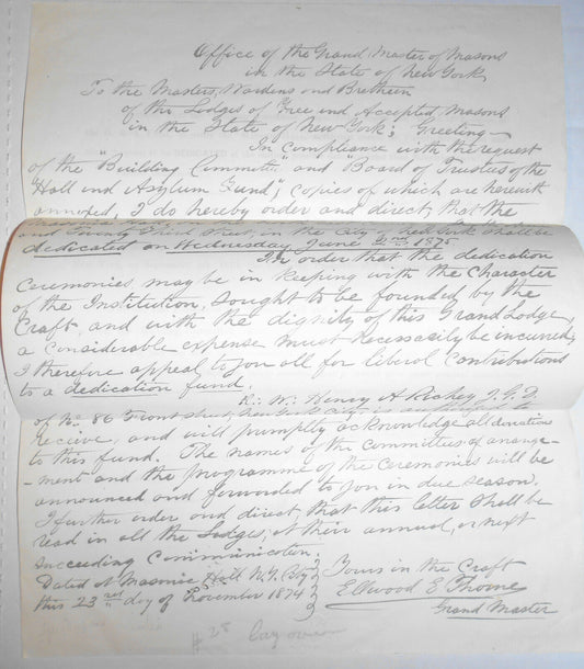 1874 Order for Dedication of the Masonic Hall, NYC - Grand Lodge State of NY