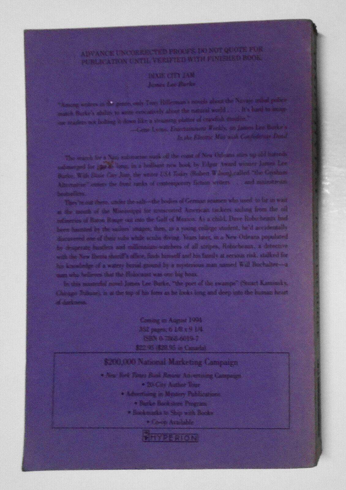 Dixie City Jam - By James Lee Burke. Uncorrected Proof, 1994.