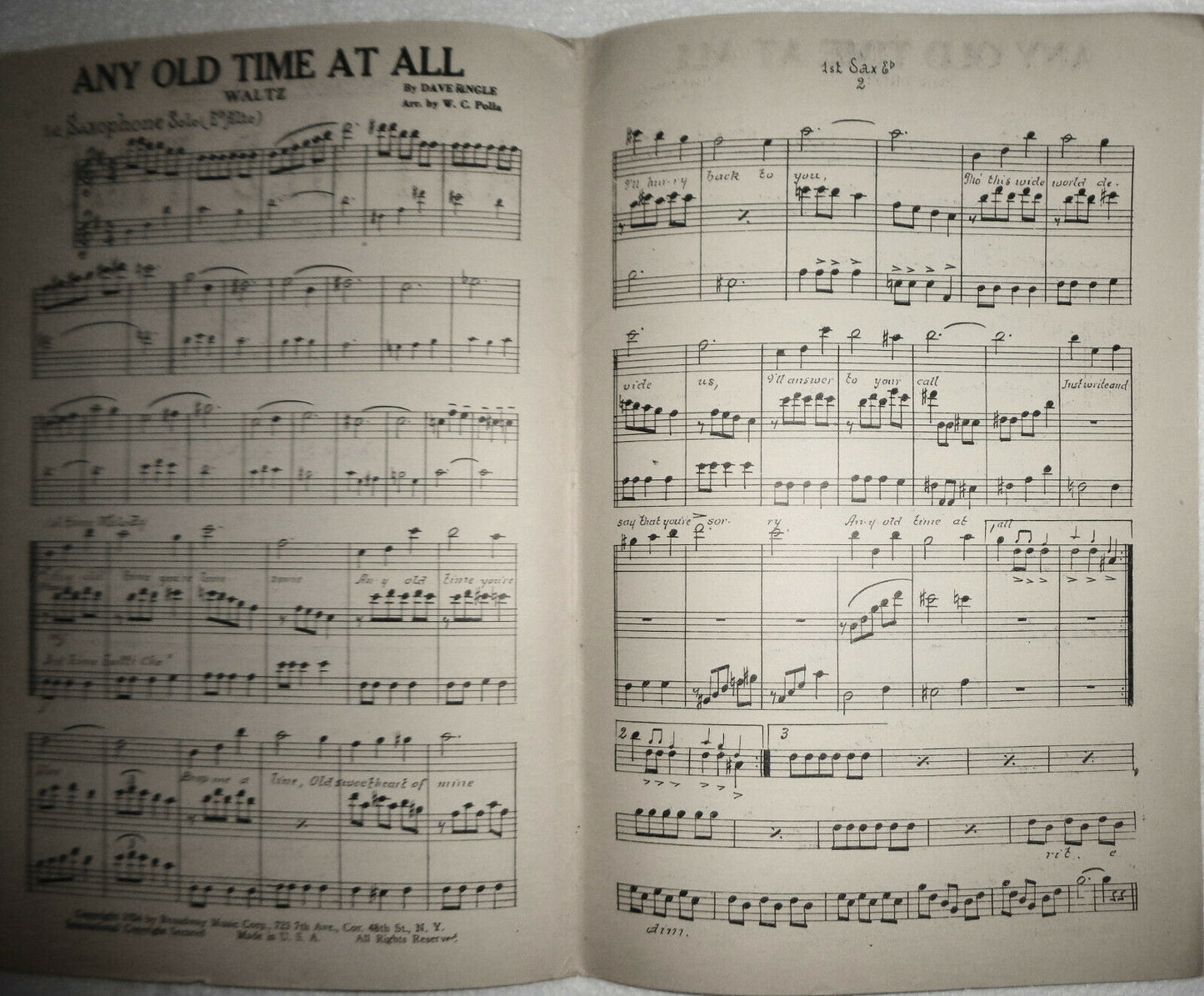Any Old time at all, by Dave Ringle  - Arr. by W. C. Polla - 1924 for orchestra