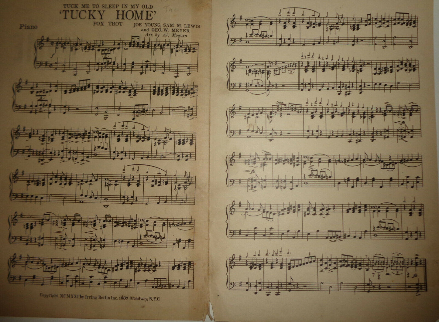 Tuck Me To Sleep In My Old 'Tucky Home, 1921 for orchestra - Geo. W. Meyer