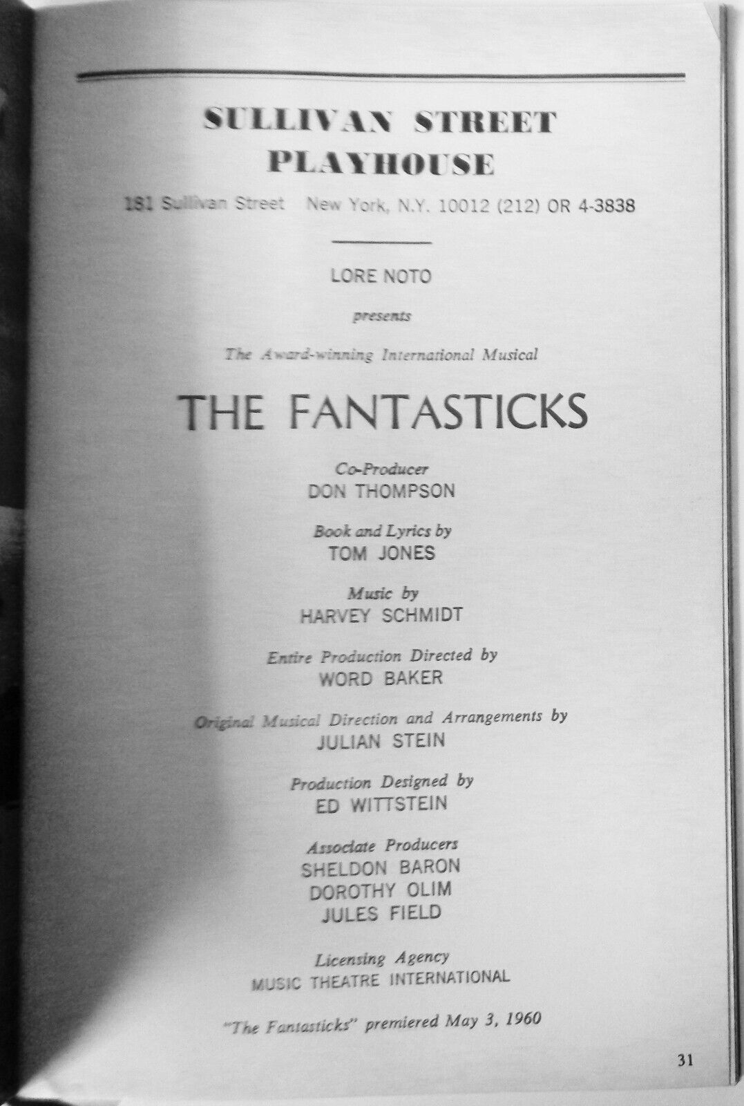 The Fantasticks - Playbill - May 1989 / 30th Anniversary Year.