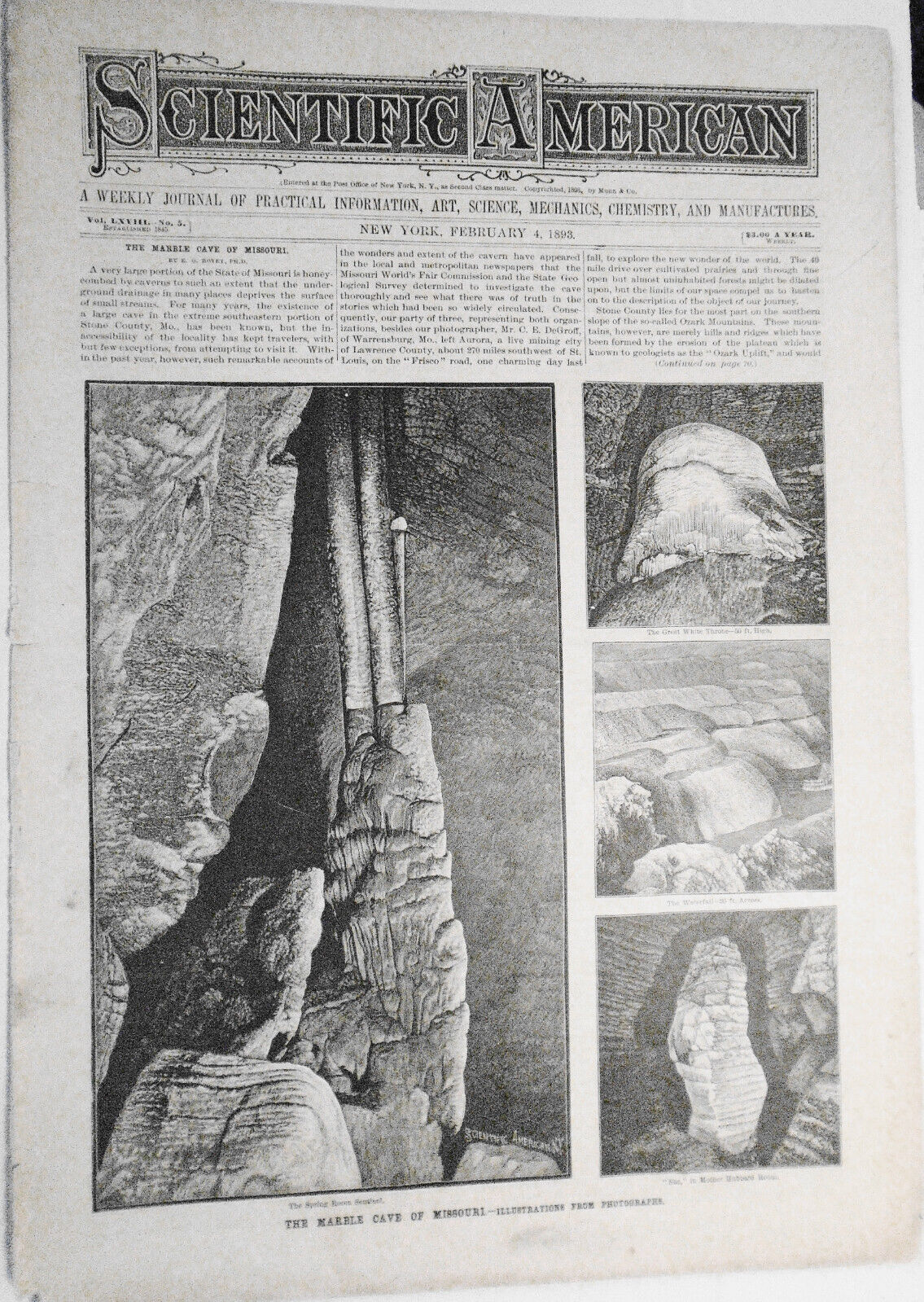 Scientific American February 4, 1893 - Marble Cave Of Missouri; Bicycles; Cats..