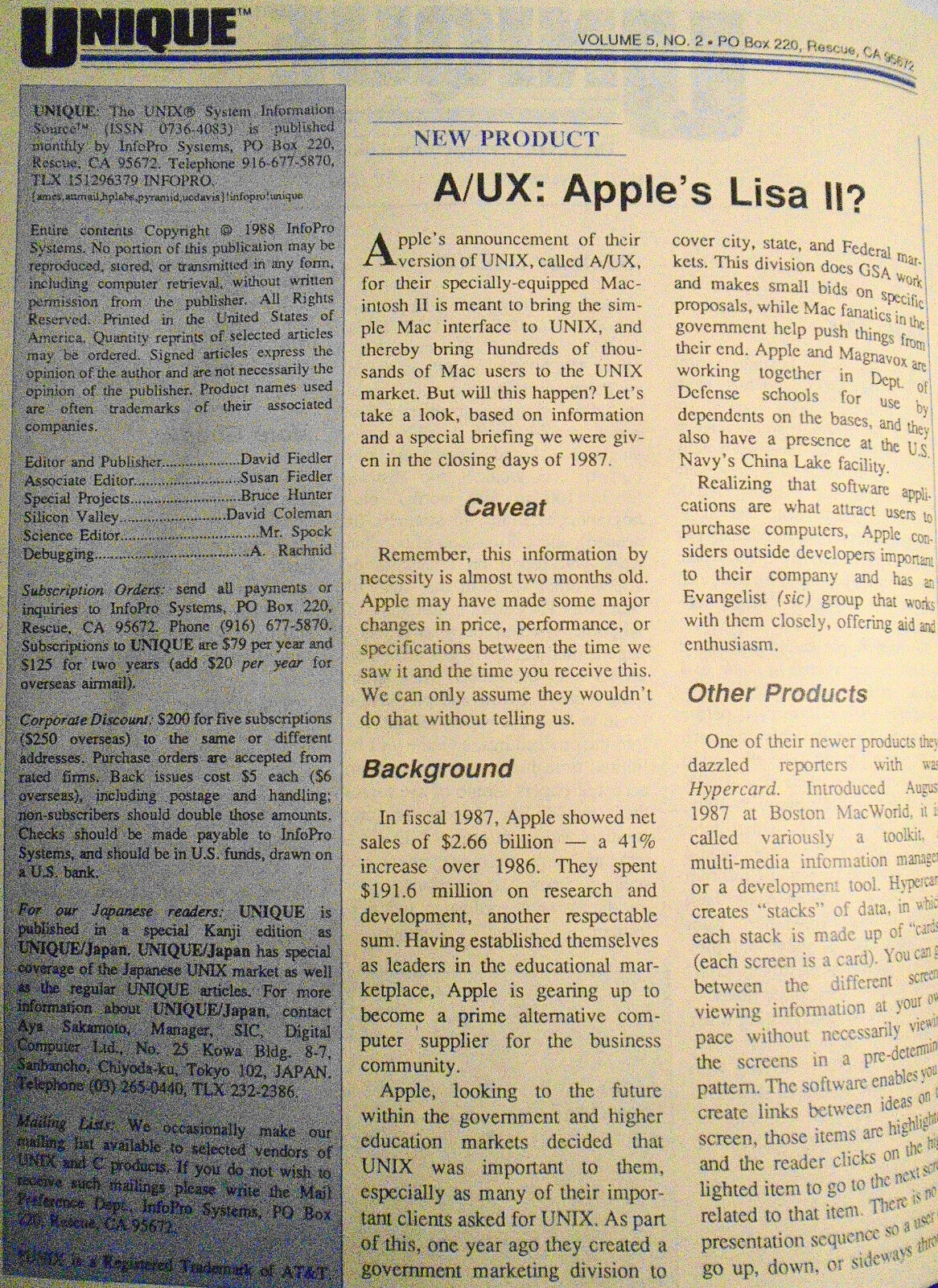 UNIQUE: The UNIX System Information Source  Jan 1988 - Apple A/UX; OS/2 & UNIX