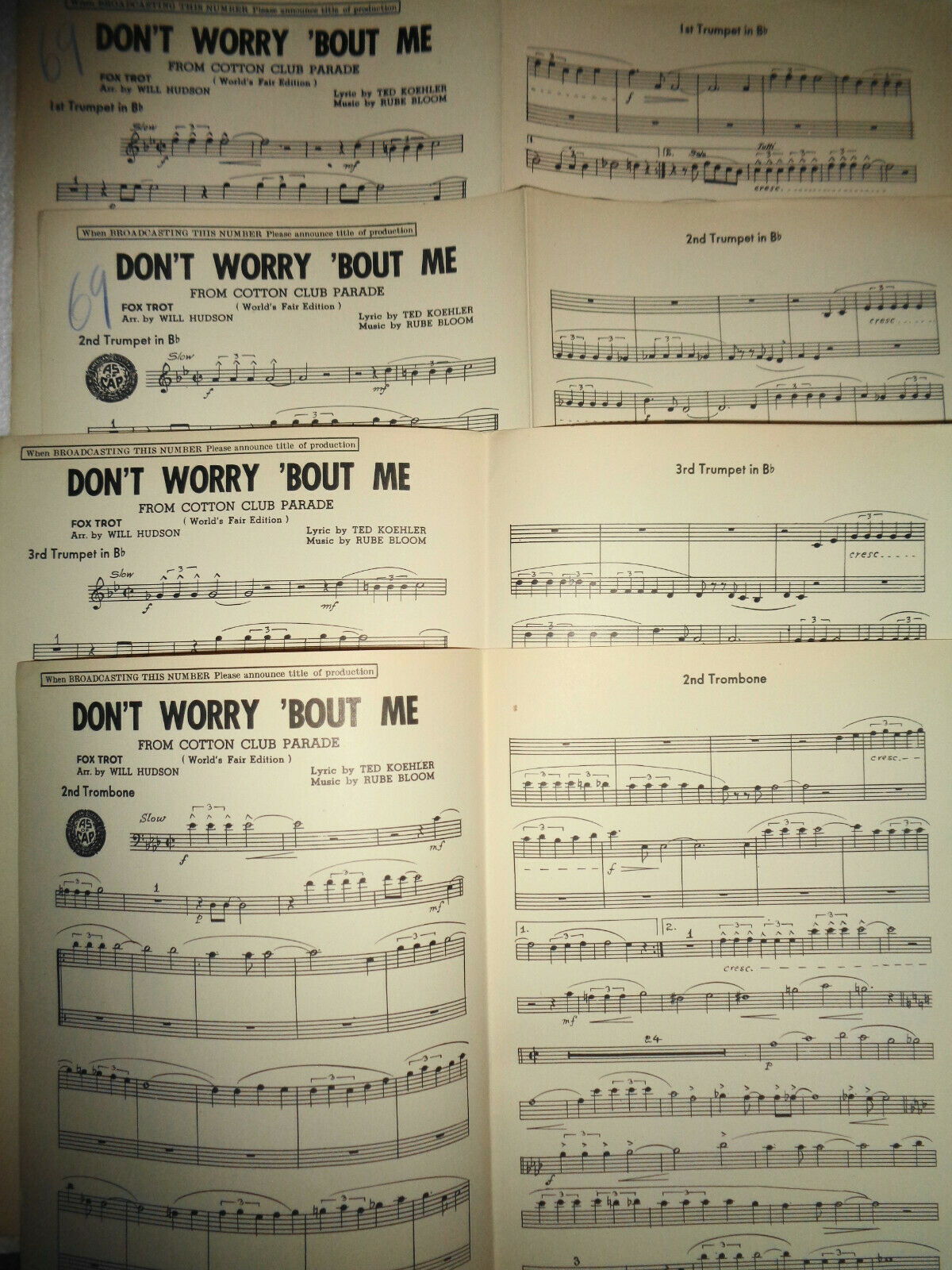 Don't worry 'bout me : from Cotton Club Parade- SHEET MUSIC FOR ORCHESTRA - 1939