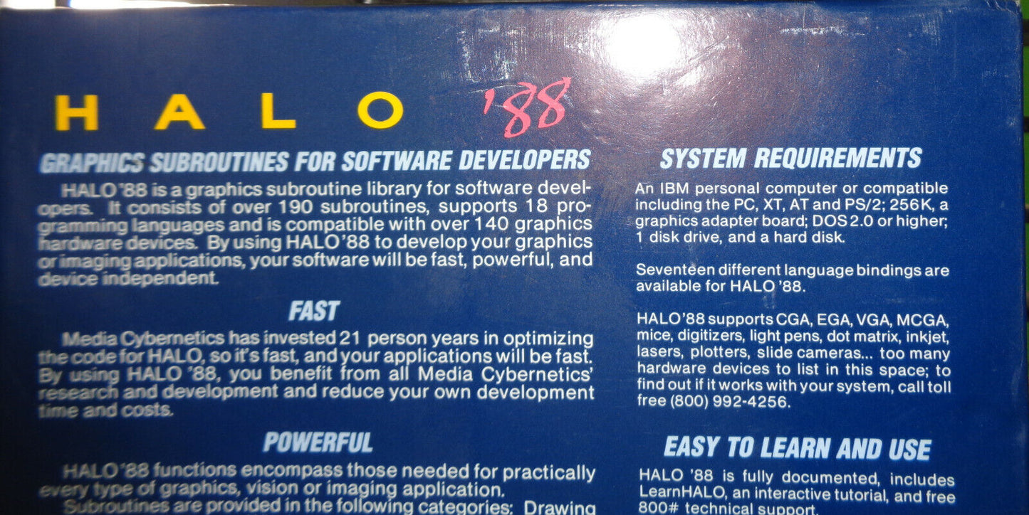 Halo '88 for Microsoft C, by Media Cybernetics. 1988, For IBM PCs. Unused