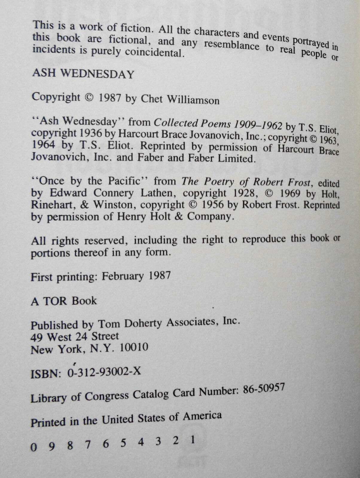 Ash Wednesday by Chet Williamson (1987, Hardcover) First Edition. 1st printing.