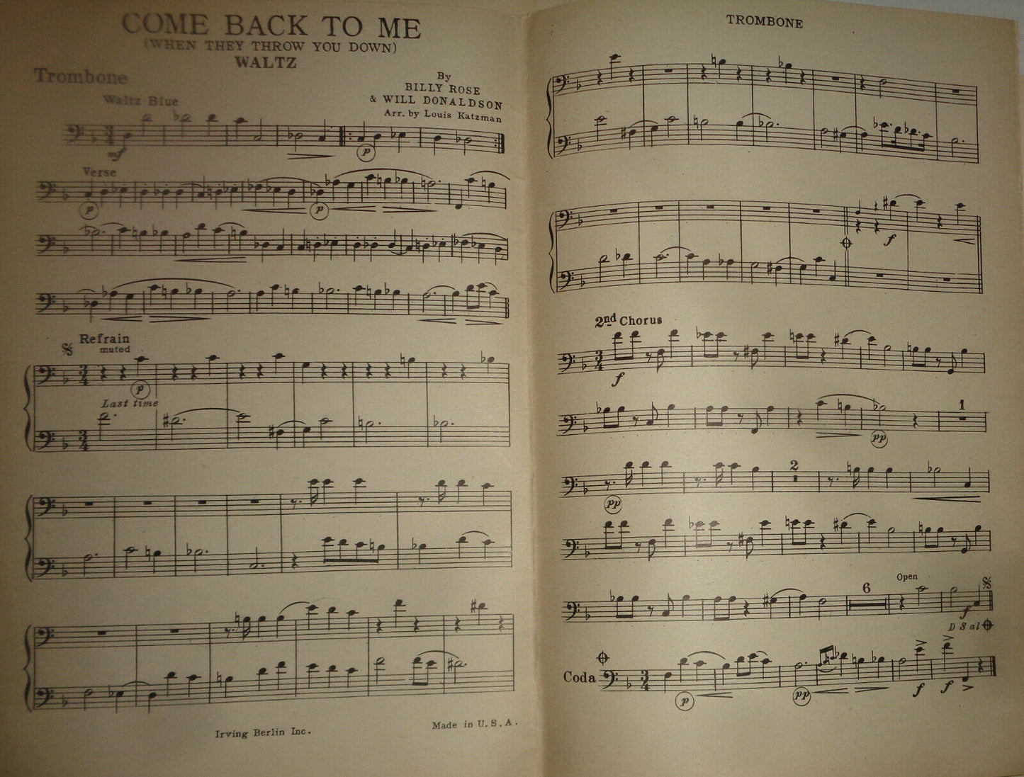 BILLY ROSE - COME BACK TO ME -SYNCOPATED WALTZ -SHEET MUSIC FOR ORCHESTRA - 1924