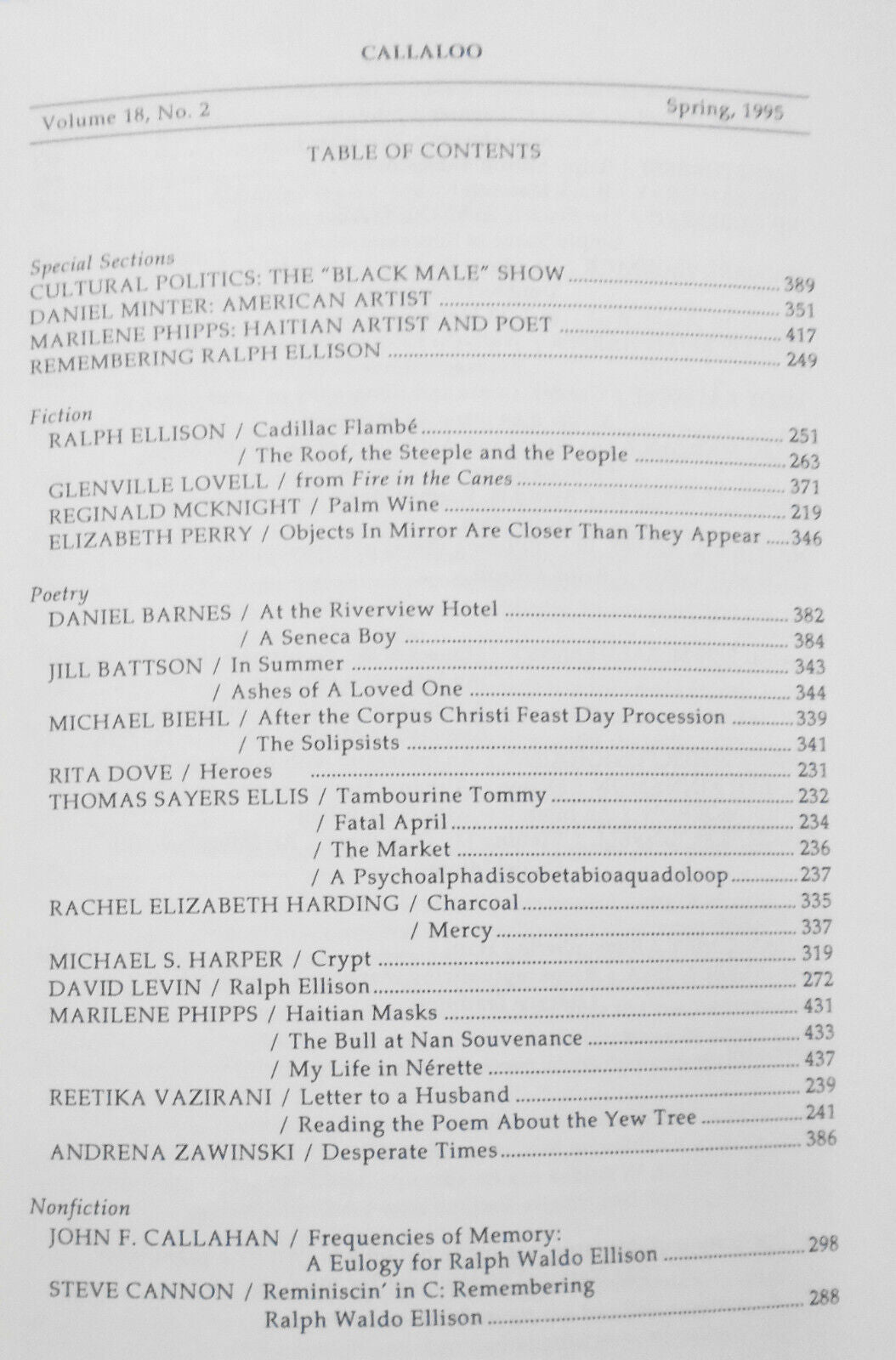 Callaloo : Ralph Ellison & Maryse Conde Special Issue - Spring and Summer 1995