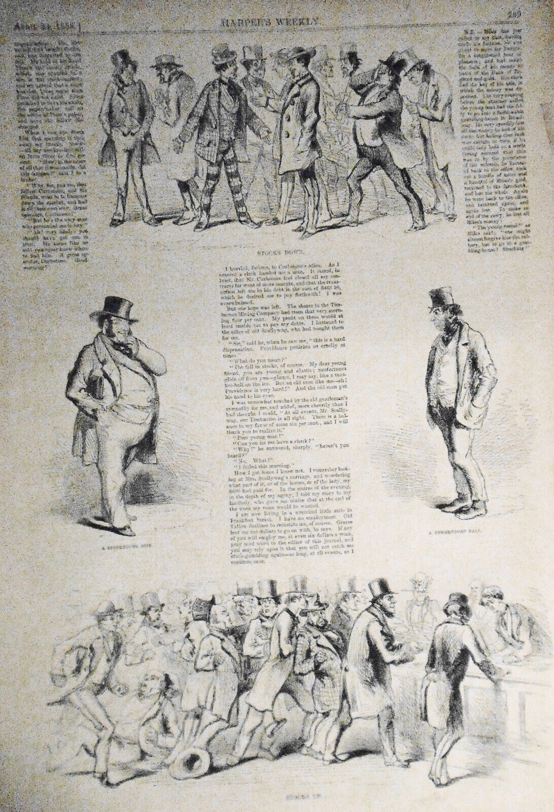 "Stocks Down" - "A Stupendous Rise" - "A Tremendous Fall" - "Stocks Up" - 1858