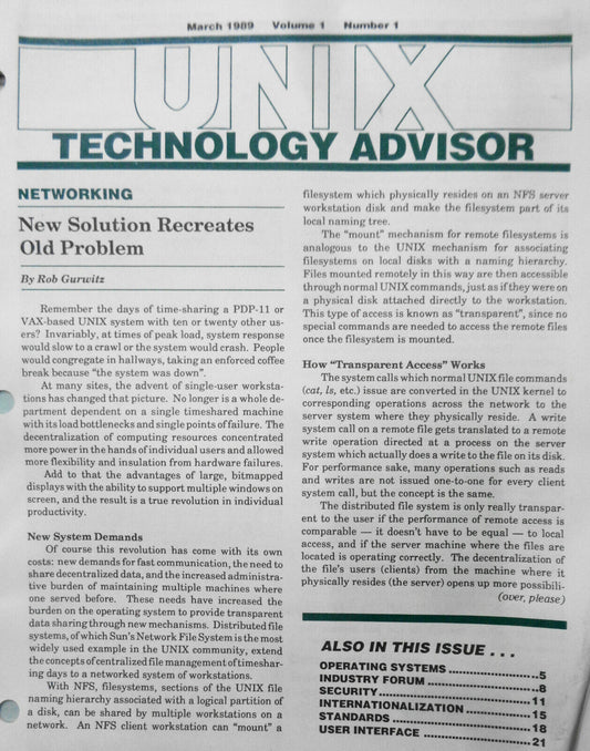 UNIX Technology Advisor, March 1989. Volume 1, Number 1