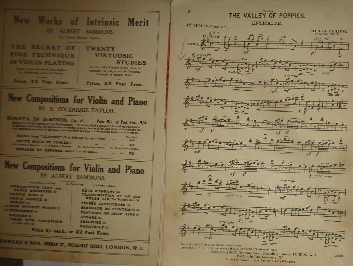 THE VALLEY OF POPPIES: intermezzo - SHEET MUSIC FOR ORCHESTRA - 1916