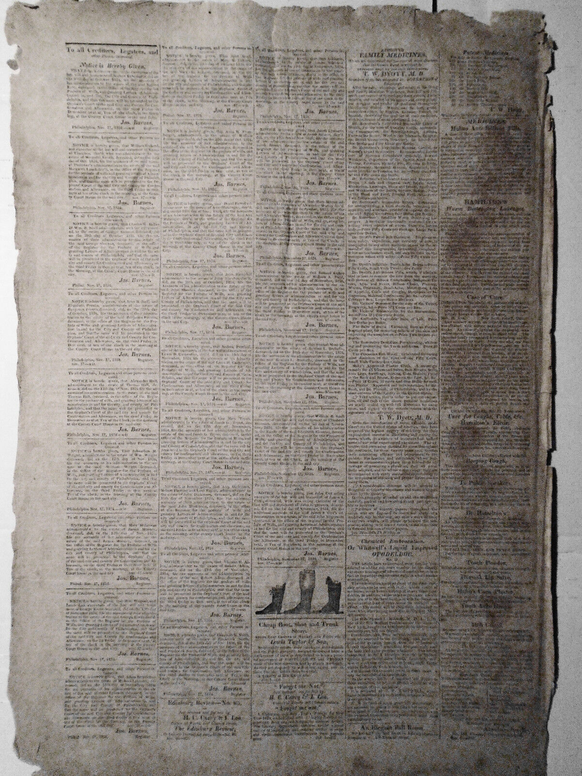 The Democratic Press, Philadelphia, December 8, 1824. Runaway slave rewards ad.