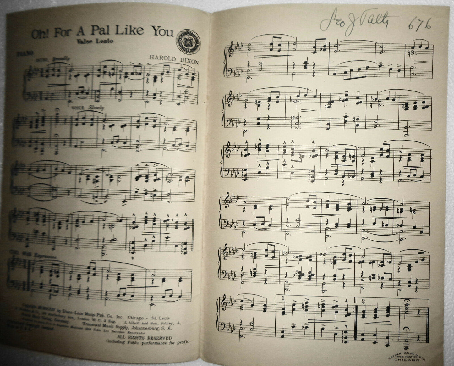 Oh, for a pal like you, Valse Lento, by Harold Dixon - 1924 for orchestra
