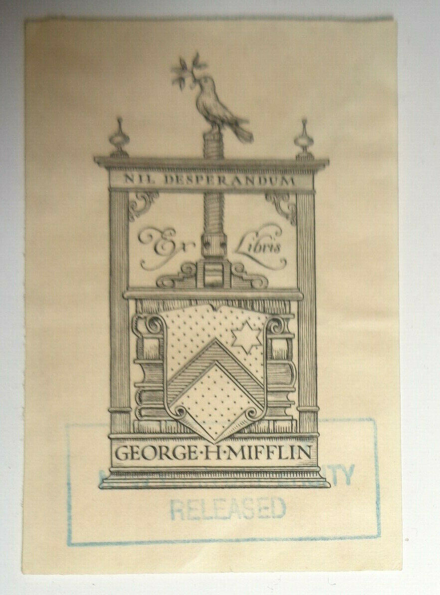 Bruce Rogers designed Ex Libris bookplate for George H. Mifflin, 1902 - Original