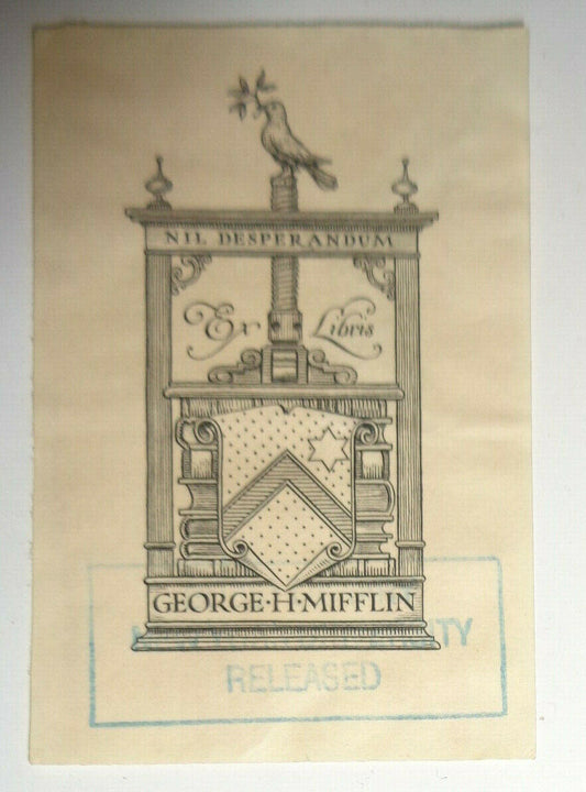 Bruce Rogers designed Ex Libris bookplate for George H. Mifflin, 1902 - Original