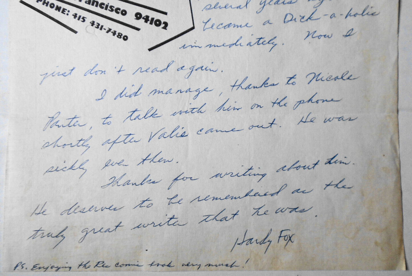 Hardy Fox SIGNED handwritten, 1982 - Residents co-founder - The Godfather Of Odd