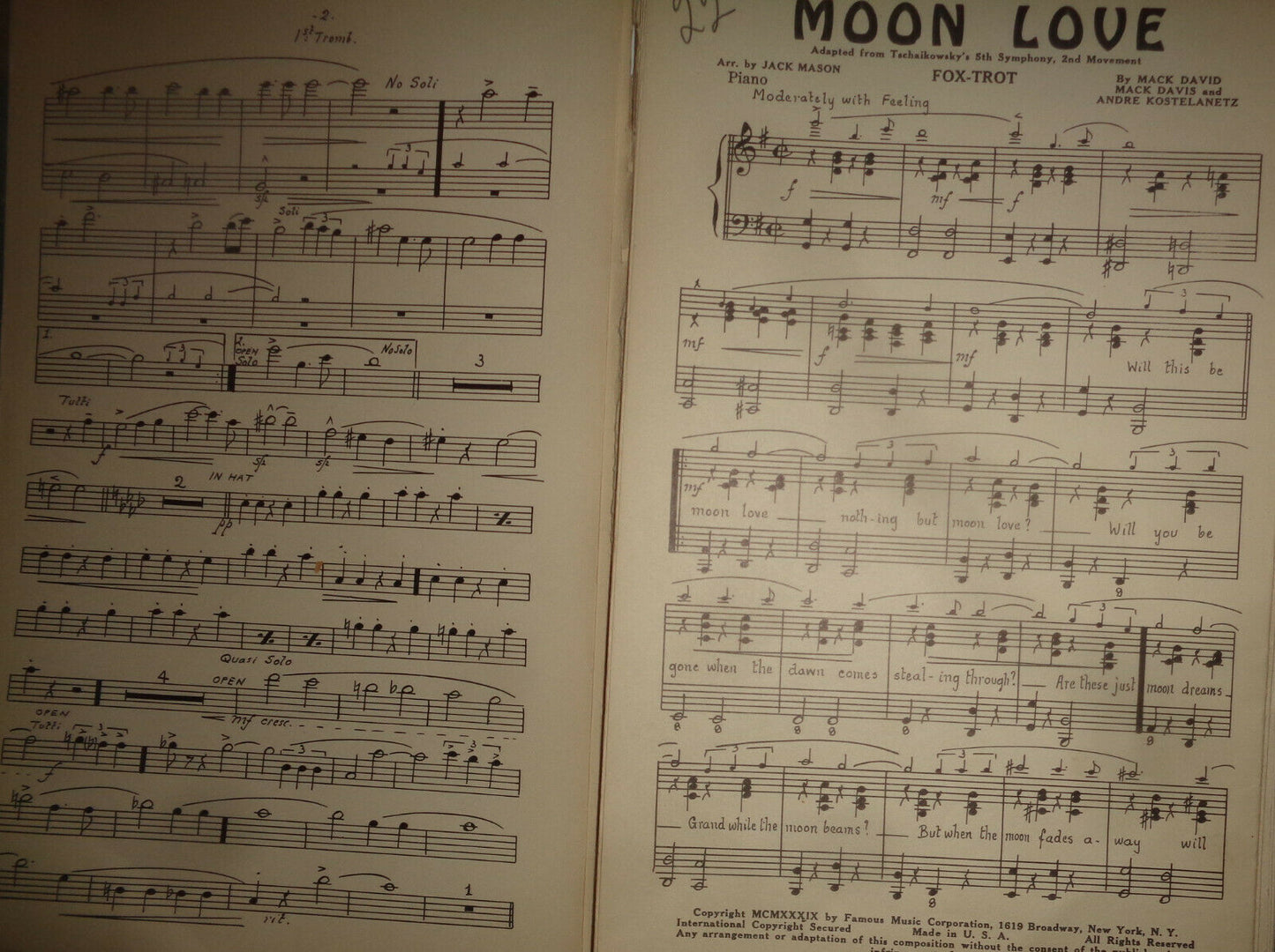 MOON LOVE - FOX TROT - SHEET MUSIC FOR ORCHESTRA - 1939