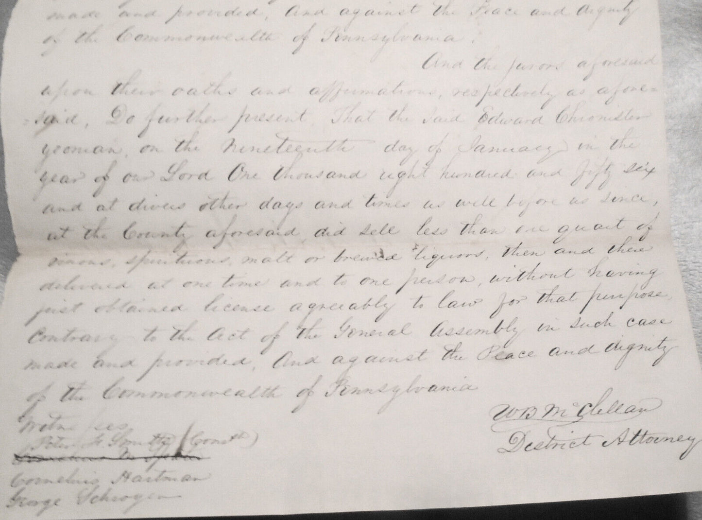 1856 Selling Liquor without license Inquest - Edward Chronister, Adams County PA