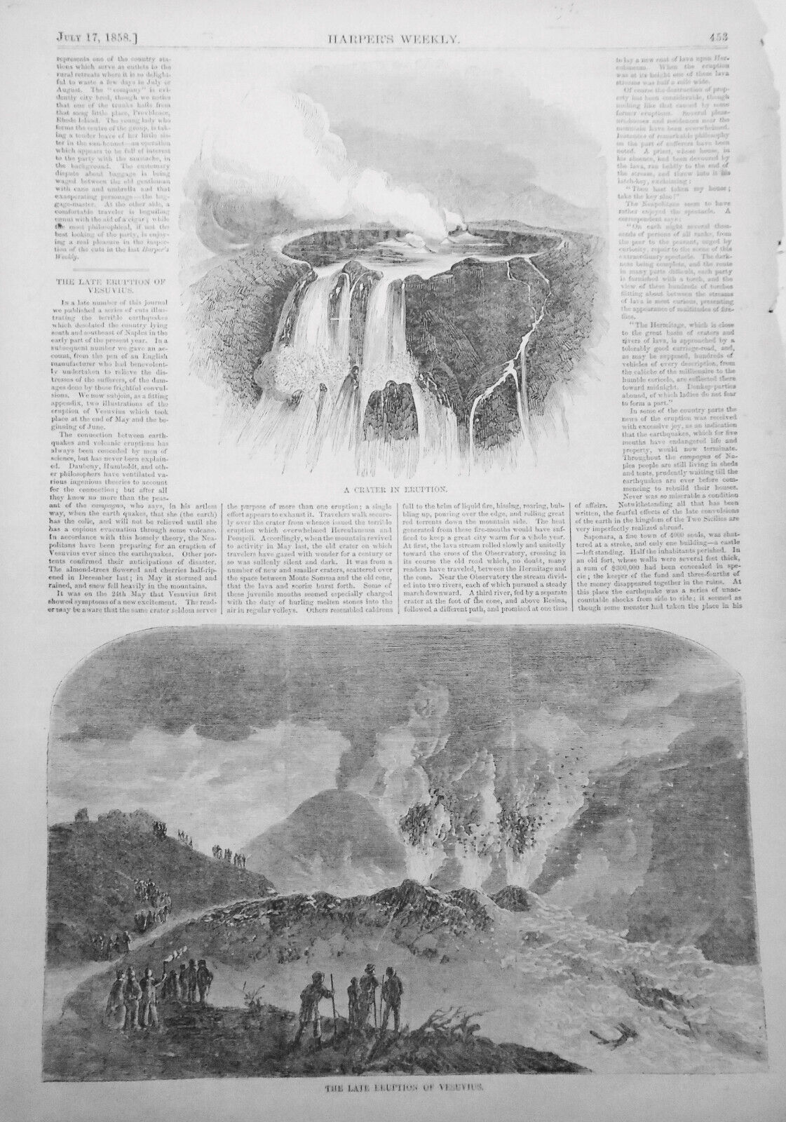 The Late Eruption Of Vesuvius. - Harper's Weekly, 1858. Story, & Two Engravings