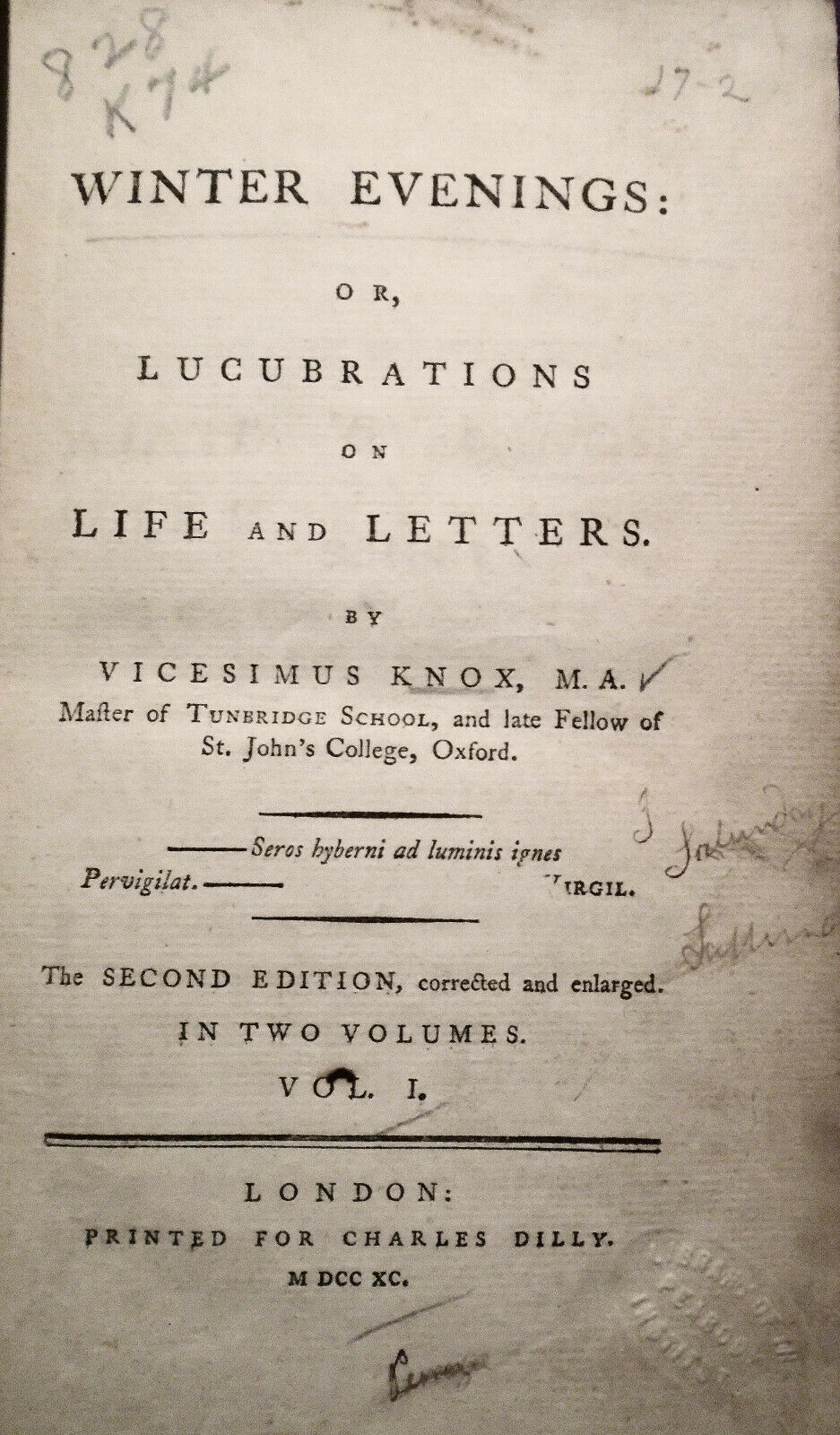 1790 Winter evenings: or, lucubrations on life and letters : By Vicesimus Knox