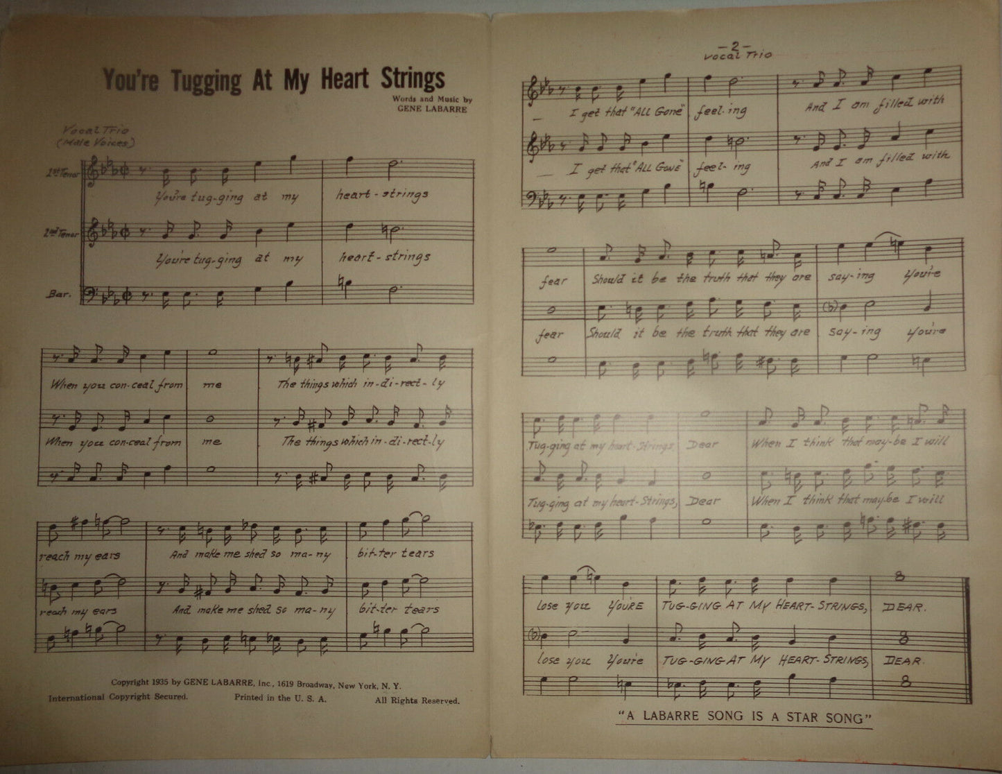 YOU'RE TUGGING AT MY HEART STRINGS - FOX TROT - SHEET MUSIC FOR ORCHESTRA - 1935