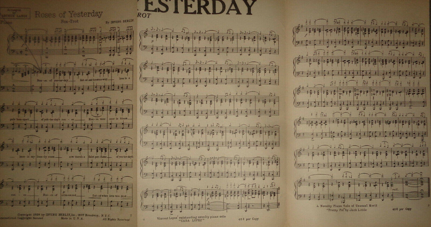 ROSES OF YESTERDAY - FOX TROT - SHEET MUSIC FOR ORCHESTRA - IRVING BERLIN 1928